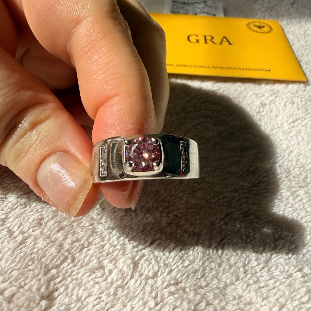 Moissanite 1 Carat Silver Ring with Pink Stone - Size 12